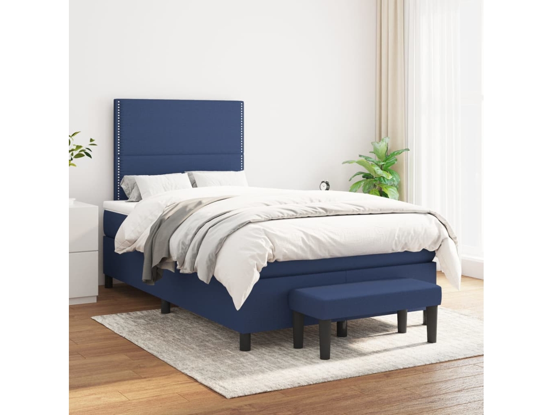 Cama Box Spring Con Colchón Tela Azul 120x200 Cm