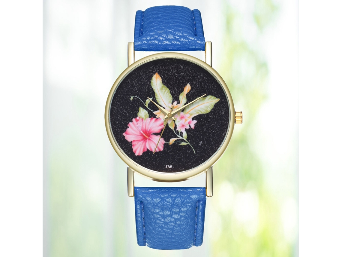Reloj De Pulsera De Cuarzo Para Mujer Con Correa De Piel Sintética, Esfera Floral, Estilo Casual (azul)