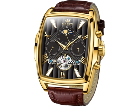 VEANXIN Mecánico Cuadrado Fase Lunar Hueco Tourbillon Semana Fecha Luminoso Reloj Impermeable para Hombre(Marrón)