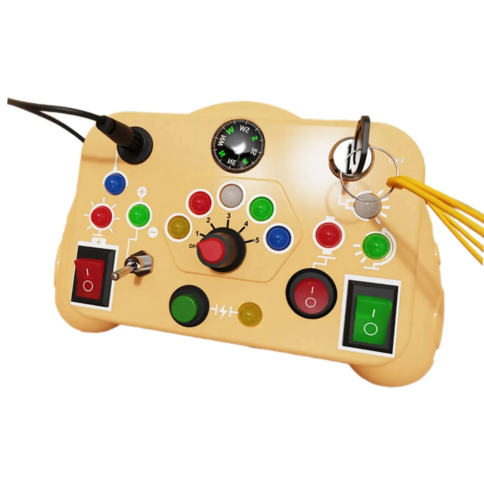 Juguete sensorial (amarillo) para niños con panel de actividades, botón, interruptor y luz LED para educación infantil temprana.