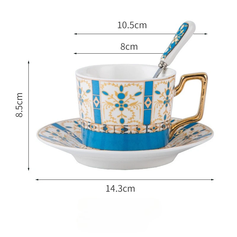 Taza De Café De Cerámica Chapada En Oro De Estilo Europeo (azul Cielo, 250 Ml) Con Platillo, Taza De Lujo Para La Oficina.
