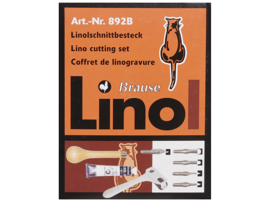Kit de linograbado con 1 mango de madera, 5 gubias, 1 tubo de pintura, 1 paleta, 1 paleta de lino a6, 1 extractor de gubias y 1 rodillo BRAUSE