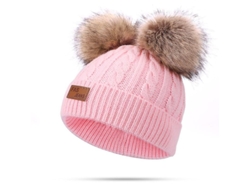 Gorro De Lana De Invierno Para Bebé Con Dos Pompones Trenzados, Rosa, Unisex, Cómodo.