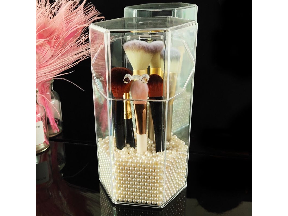 2026-porta Pinceles De Maquillaje Hexagonal De Acrílico Con Tapa, Estante De Almacenamiento Transparent Y Anti-polvo Con Perlas Beige