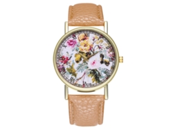 Reloj De Pulsera De Cuarzo Para Mujer Con Correa De Piel Sintética, Estilo Sencillo Y Estampado Floral Beige.