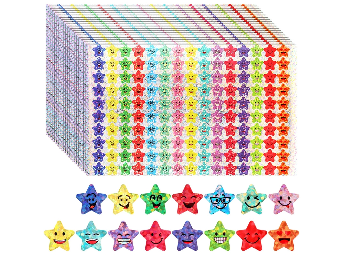 1500 Pequeñas Estrellas Plateadas, Impresas Con Caras Sonrientes Y Vienen Con Pegatinas De Brillantina.