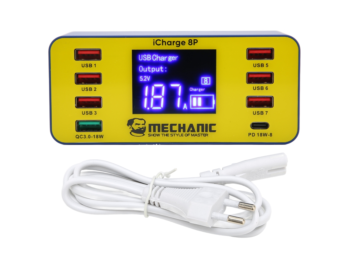 Estação De Carregamento Usb Digital 8 Portas 60w Com Qc3.0 E Pd Para Smartphone E Tablet Plugue Eu 100‑240v