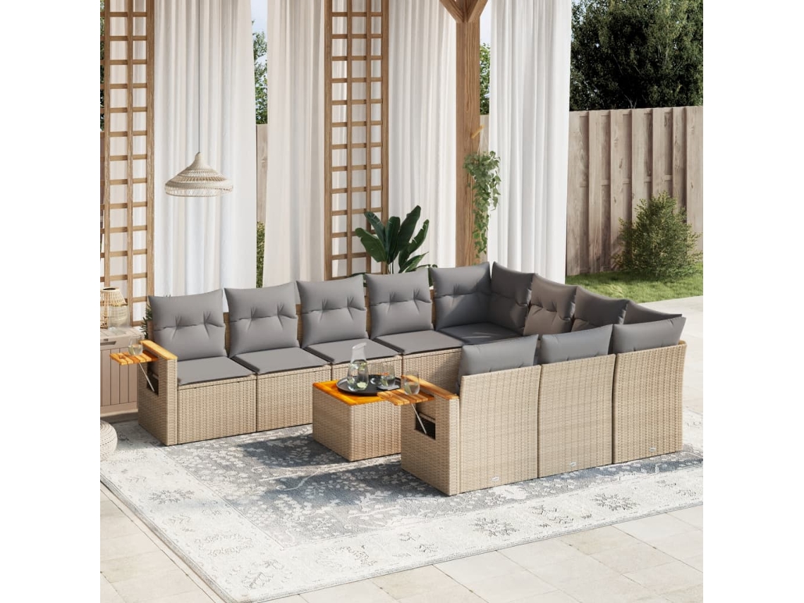 Conjunto de sofá de jardín de 11 piezas con cojines, mimbre sintético beige, DKD Home Decor