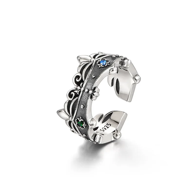 Anillo de plata tailandesa con forma de corona, engastado con circonitas cúbicas, una joya real de estilo punk. MDUG