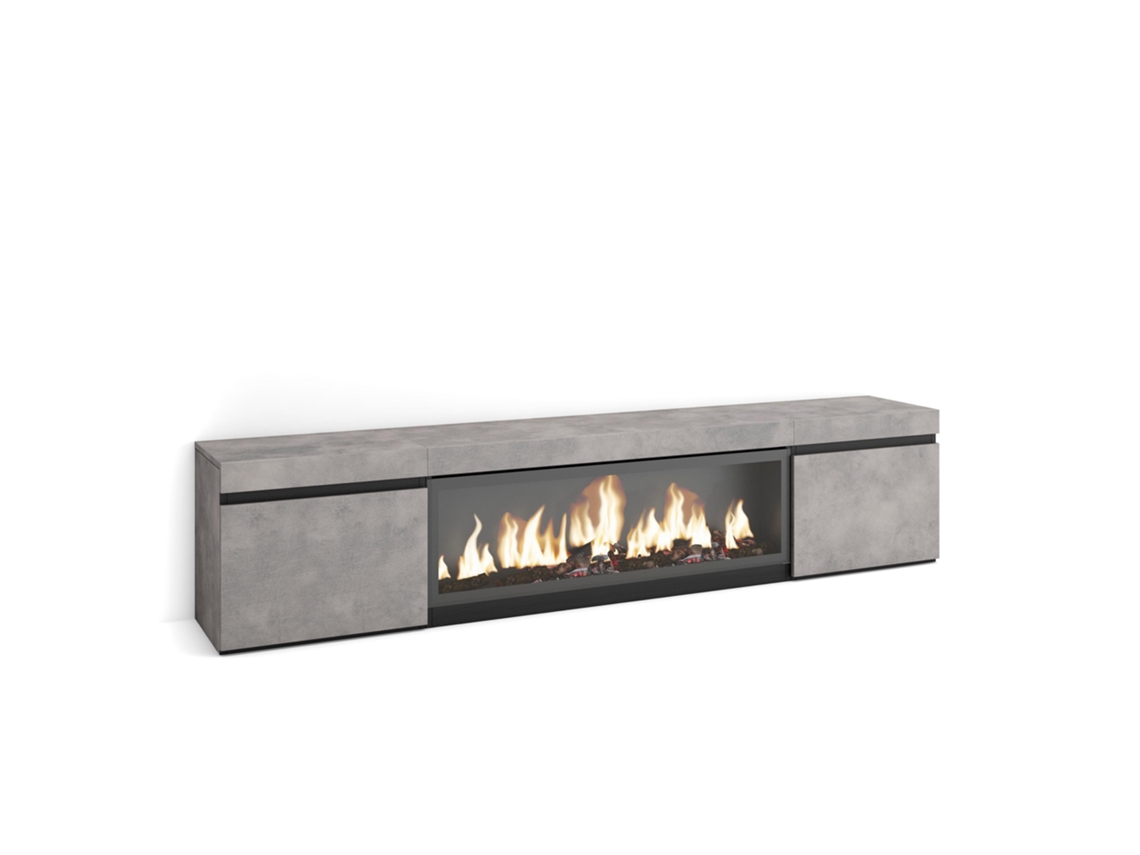 Mueble Tv, Televisión, 208x35x45cm, Para Tv Hasta 80", Chimenea Eléctrica Xxl, Cemento