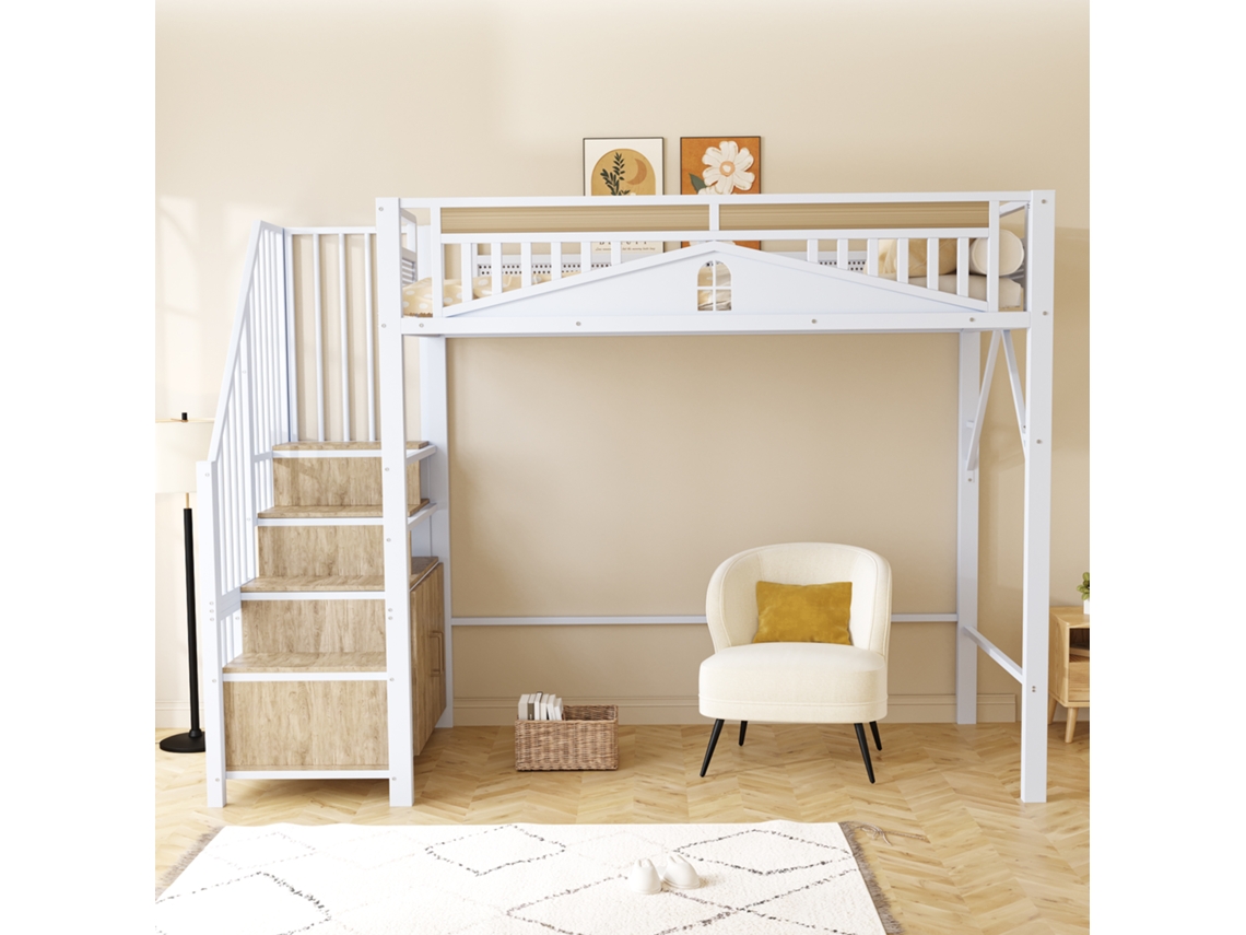 Cama alta de metal de 90 x 200 cm con barrera de seguridad individual, escalera y armario Mobrio blanco