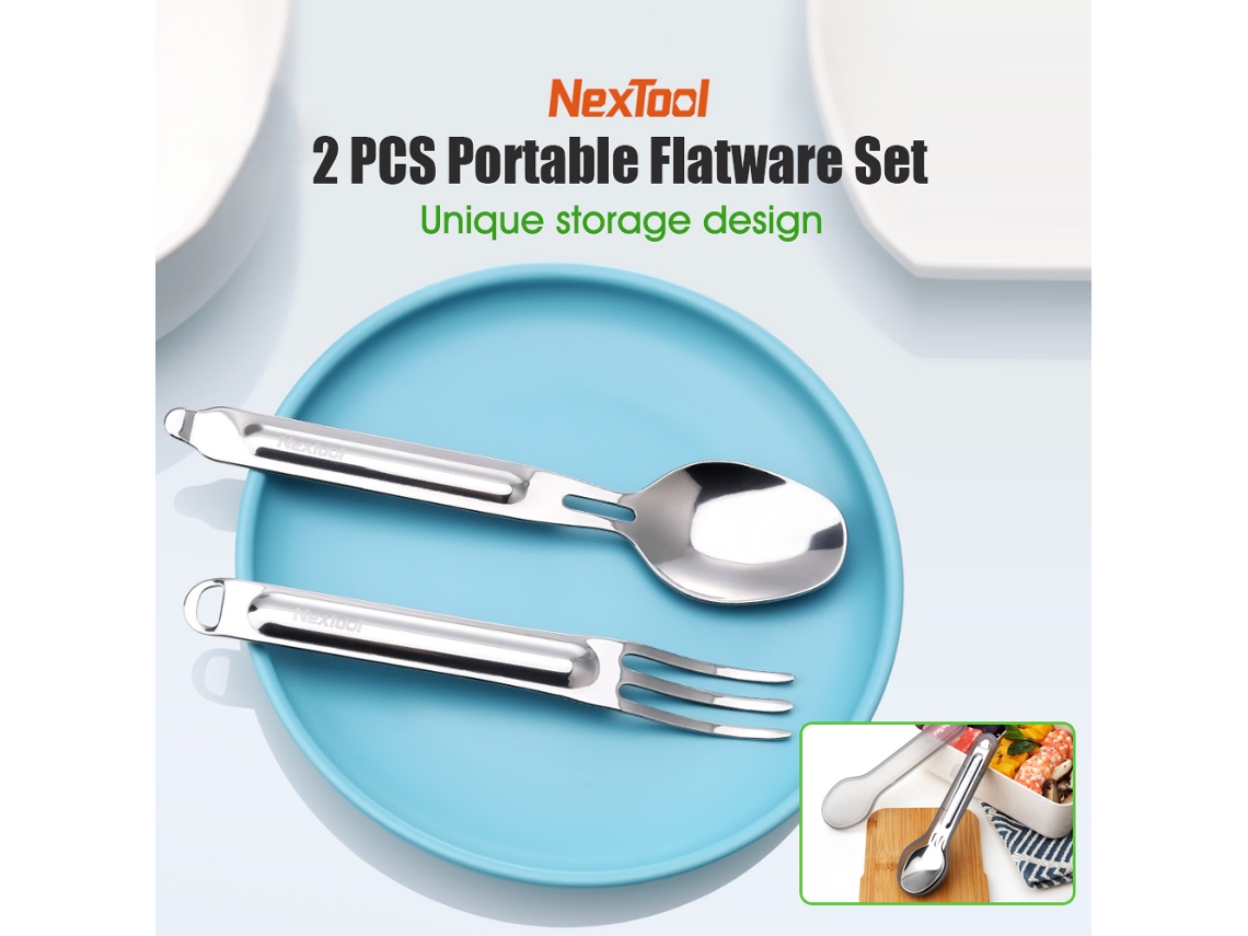 Juego De Cubiertos Portátiles De Acero Inoxidable De 2 Piezas Nextool Para Viajes Y Acampada Con Estuche.