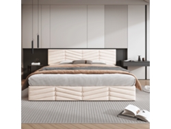 Sofá Cama 160x200cm, Hidráulico, Terciopelo Rayado, Cabecero Ajustable, 300kg, Botones Decorativos, Beige