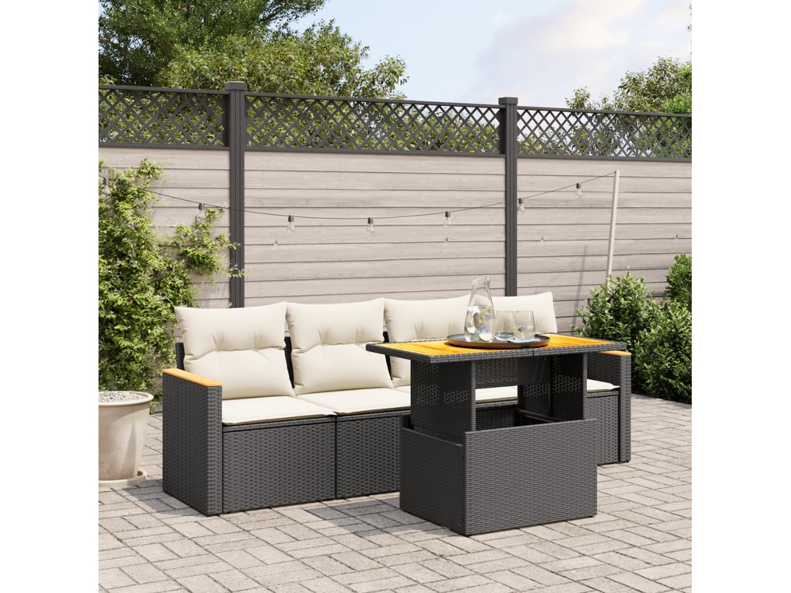Conjunto de sofá de jardín de 5 piezas con cojines de mimbre sintético negro, Dkd Home Decor