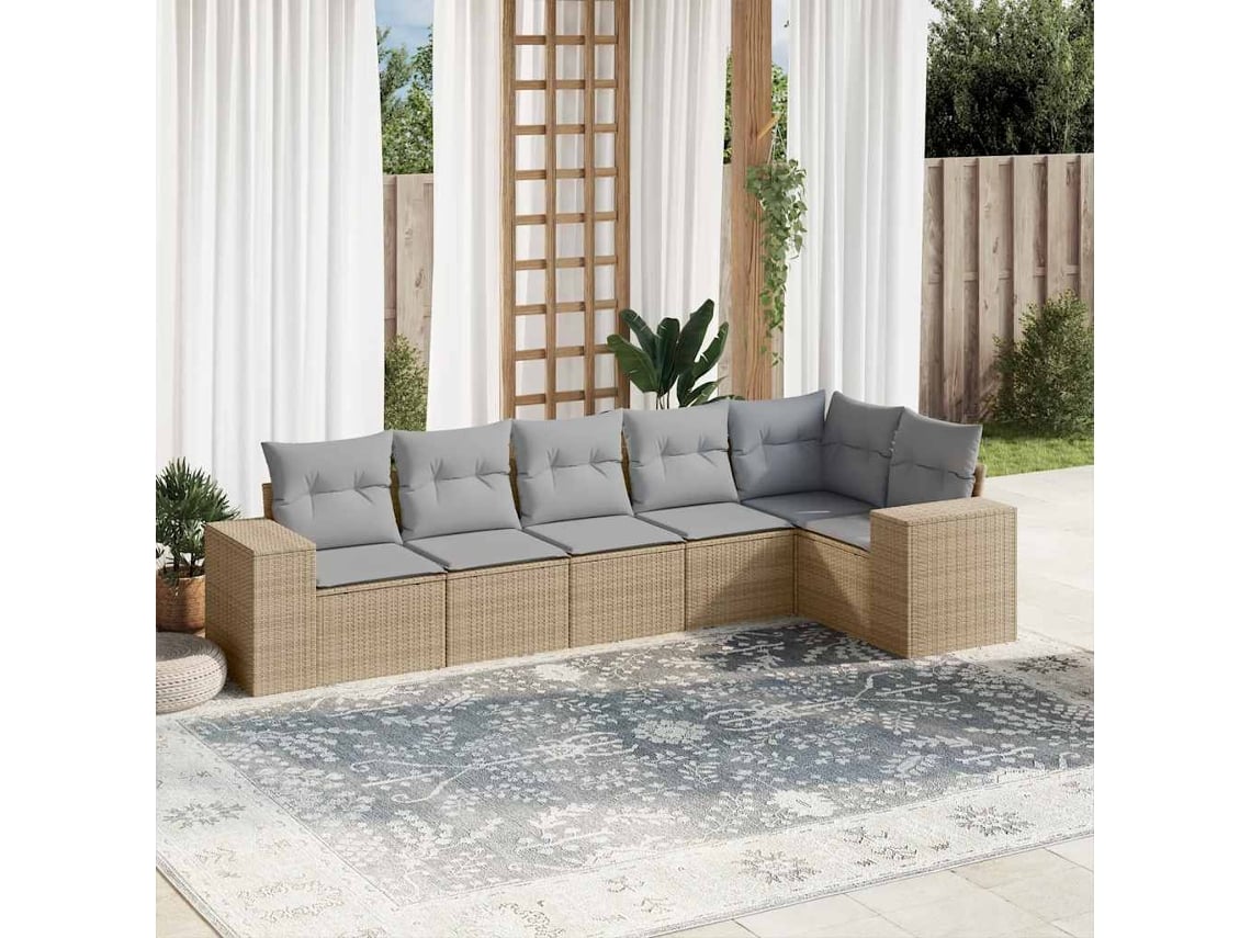 Conjunto de sofá de jardín de 6 piezas con cojines, mimbre sintético beige, Dkd Home Decor
