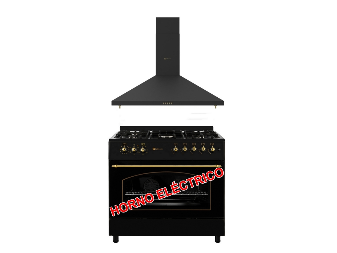 Solthermic® Combo Pack Estufa de gas rústica negra 90x60 Horno eléctrico panorámico Campana extractora rústica negra 90