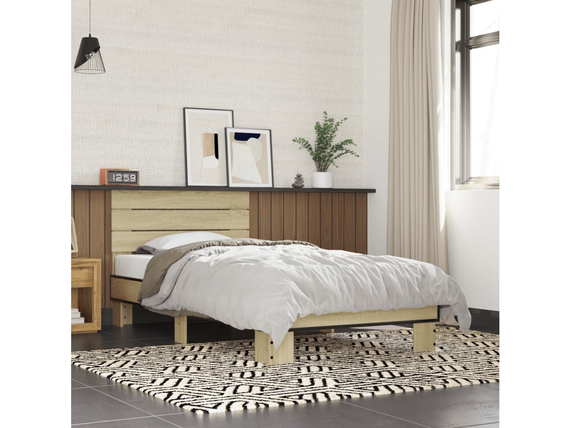 Estructura Cama Madera Ingeniería Metal Roble Sonoma 90x190 Cm