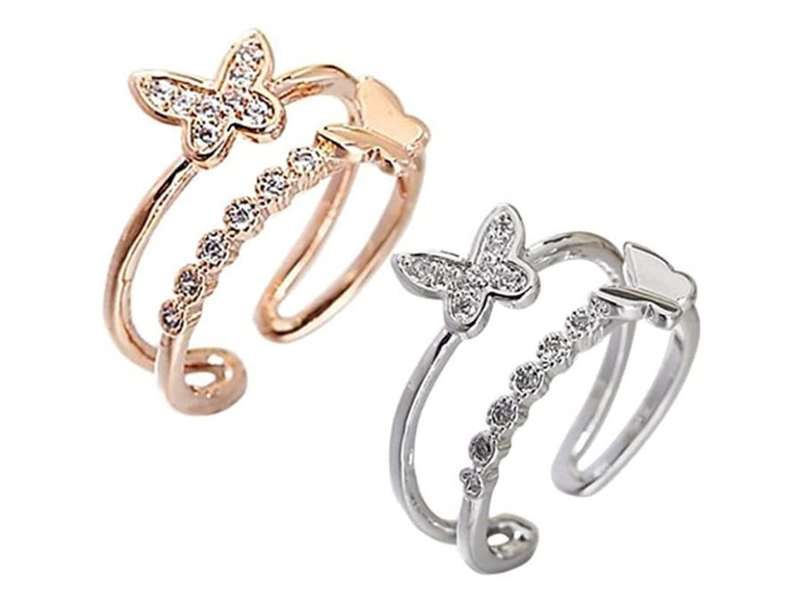 2026-29268-anillo Ajustable Para Mujer Con Cristal Y Mariposas En Oro Y Plata 2 Piezas