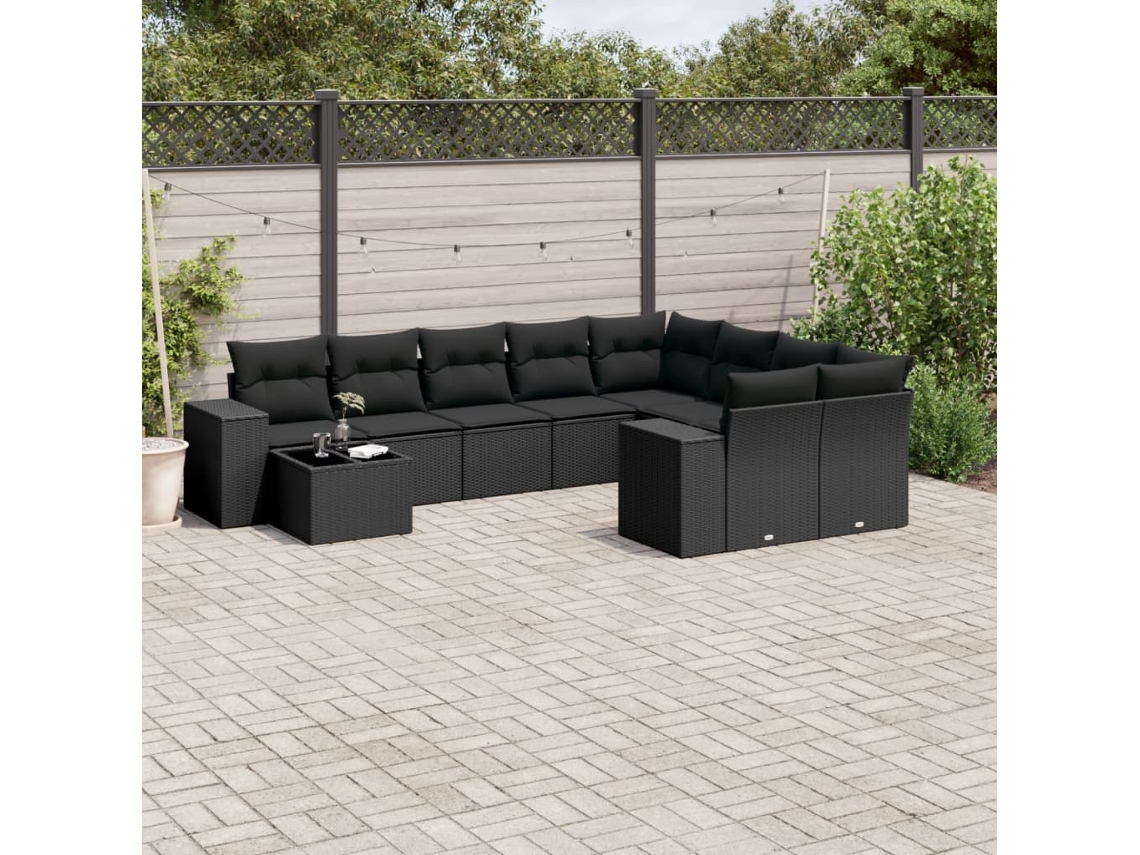 Conjunto de sofá de jardín de 10 piezas con cojines en mimbre sintético negro de DKD Home Decor