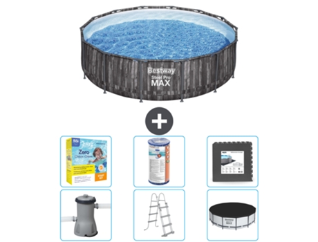 Piscina BESTWAY Round Steel Pro MAX - Impresión en madera - 427 x 107 cm - Incluye bomba - Escalera - Cobertor Accesorios CB35