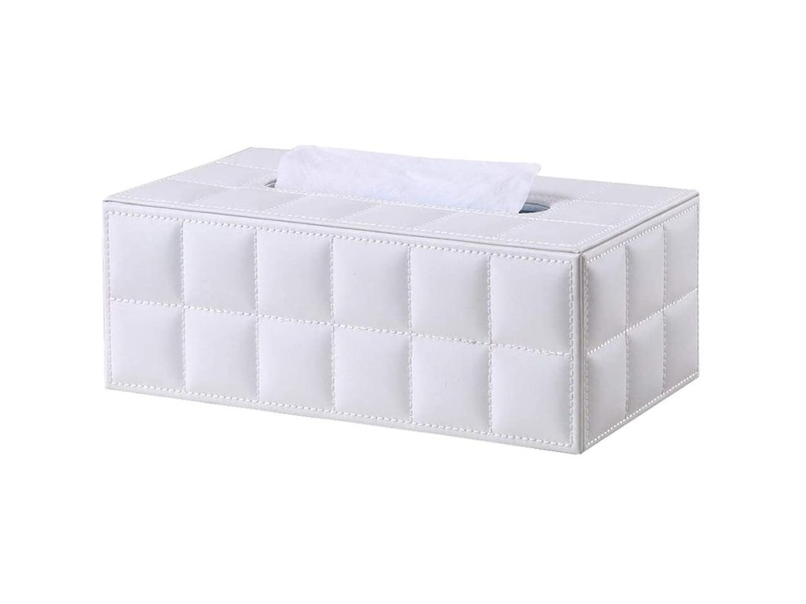 MEOIRUERY Sofisticada funda para caja de pañuelos, servilletero rectangular de piel sintética blanca con almacenamiento multifuncional, ideal para el hogar, la 