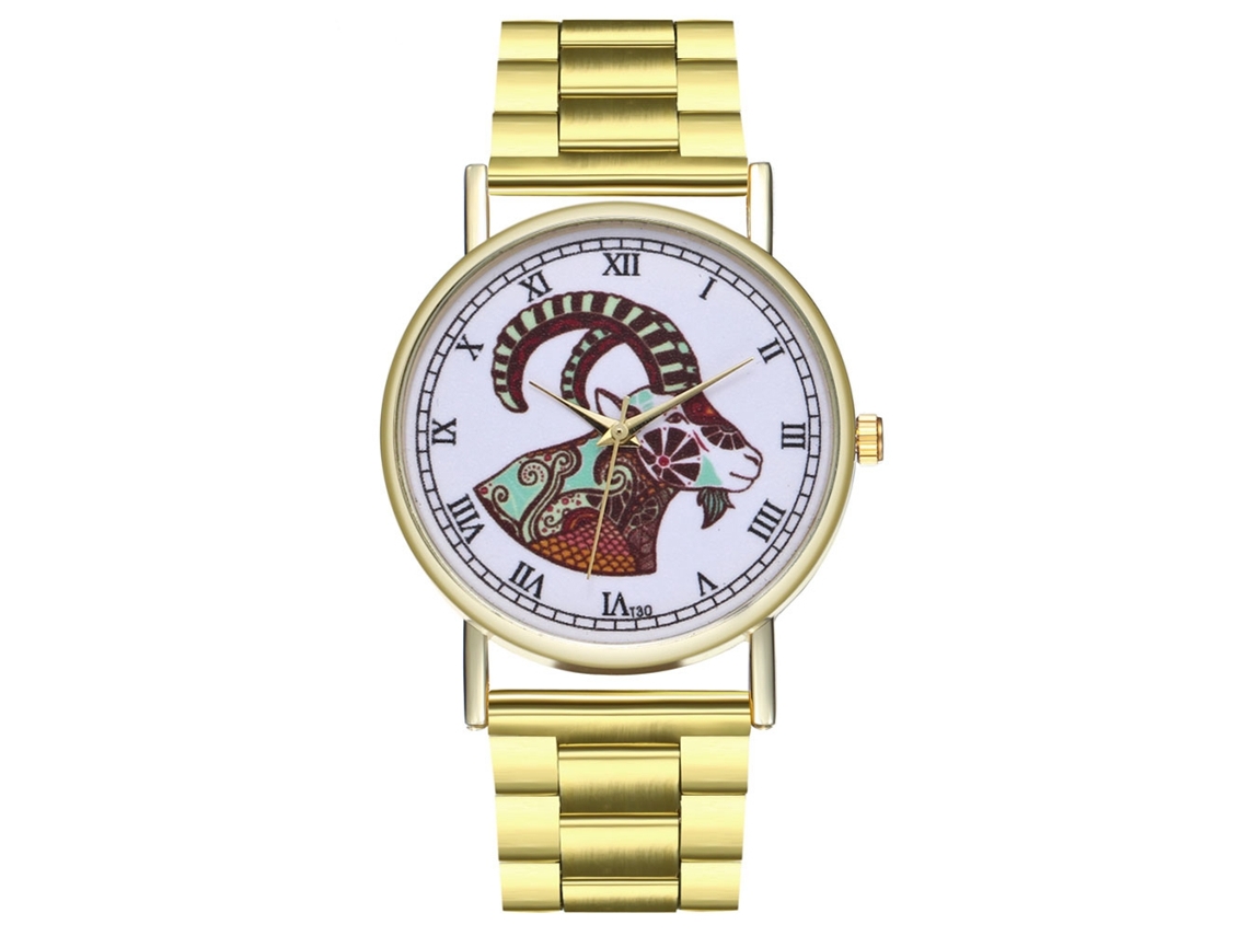 Elegante Reloj De Pulsera Con Diseño De Capricornio Y Brazalete De Acero Chapado En Oro Para Mujeres Y Hombres.