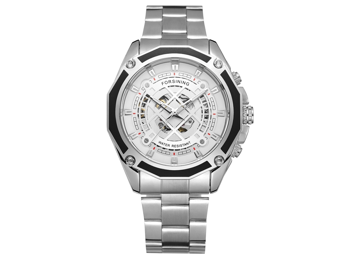 Reloj Automático Mécanico Hombre Forsining Geométrico Hueco Dial Blanco Correa Plata Impermeable