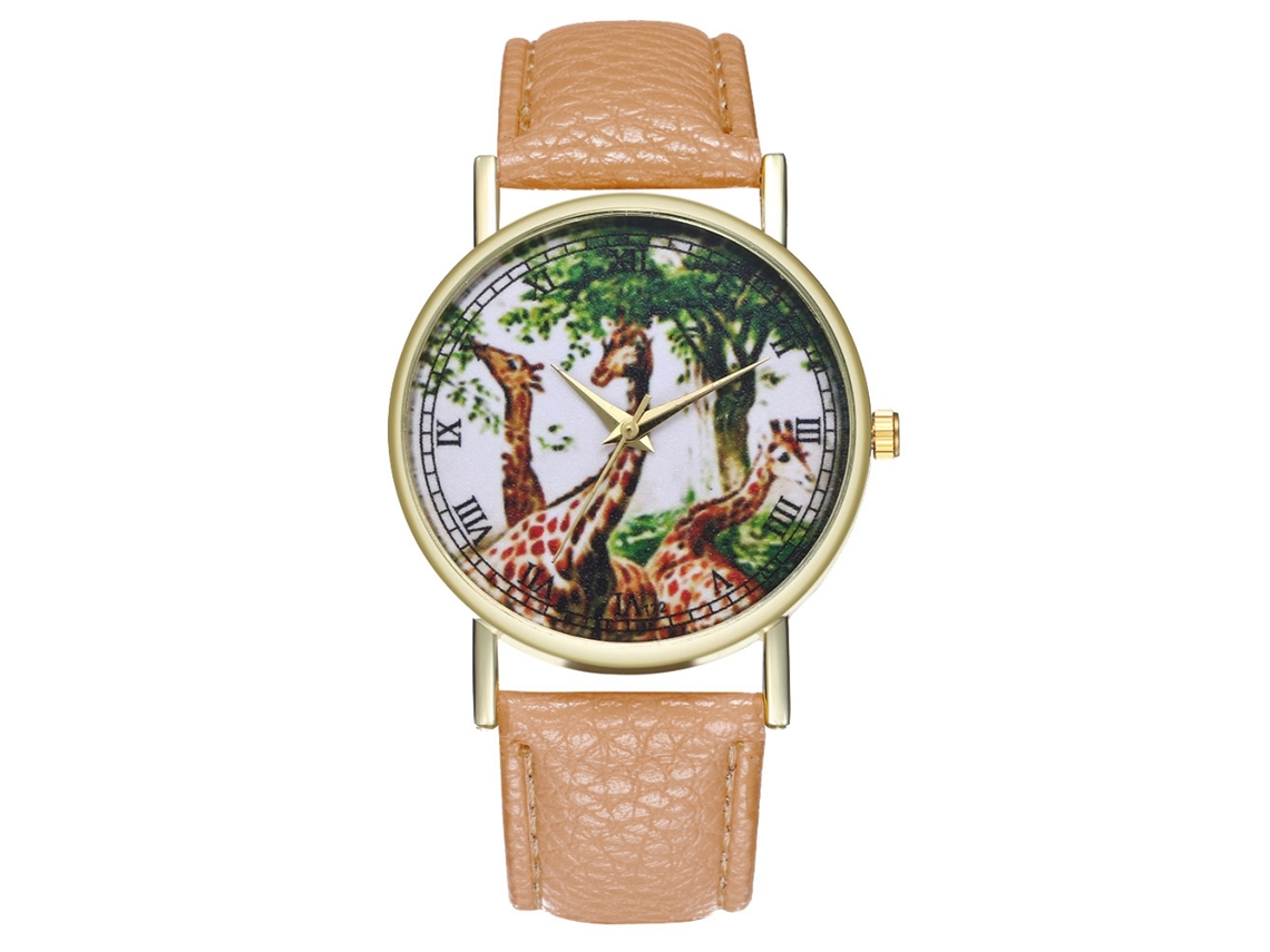 Reloj Analógico De Cuarzo Con Patrón De Jirafa Para Hombre Y Mujer De Cuero Pu Ocio (beige Amarillo)