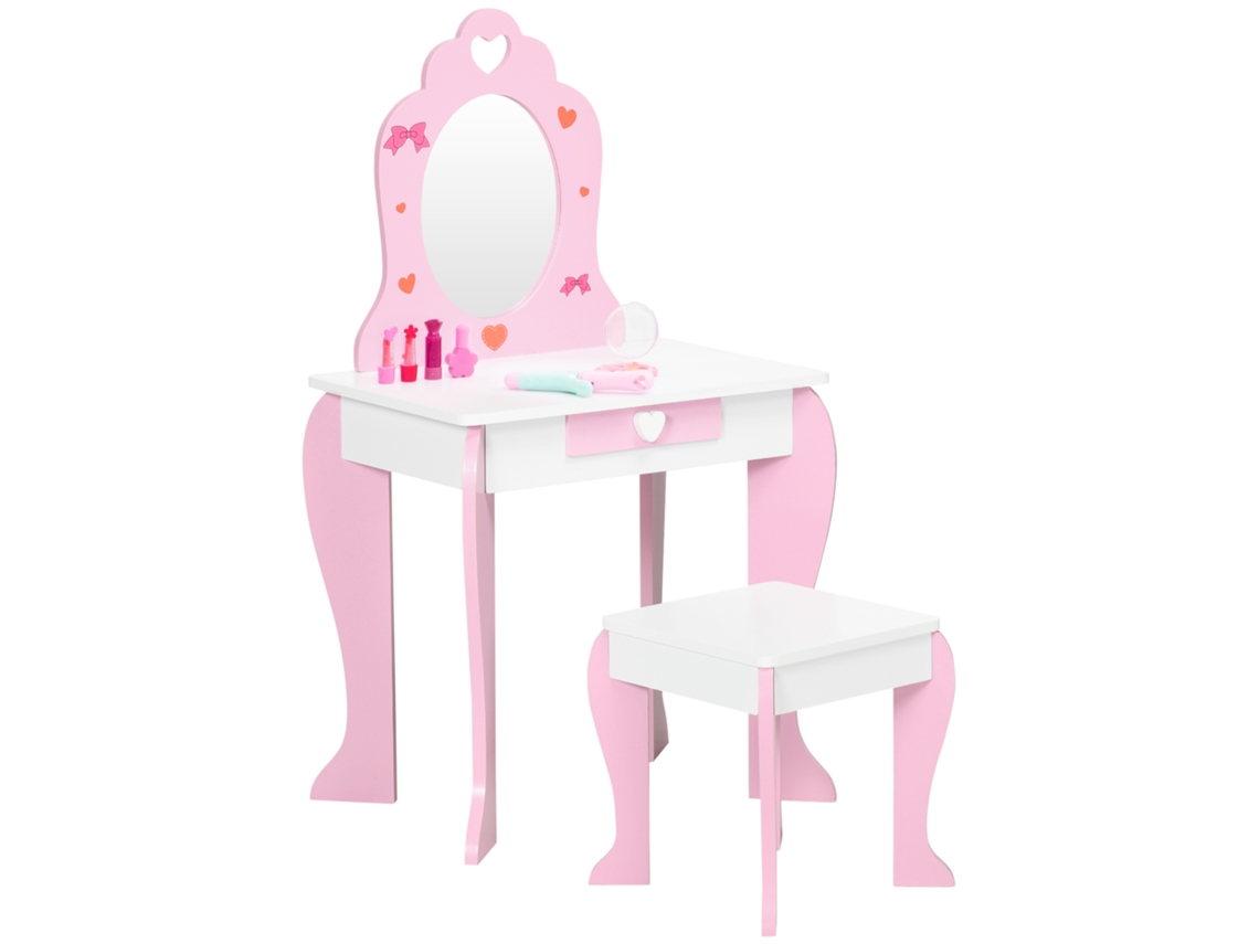 Tocador infantil con cajón, taburete y espejo, bonitos estampados, para niños de 3 a 6 años, juguete para pintar caras, mueble de dormitorio, rosa.