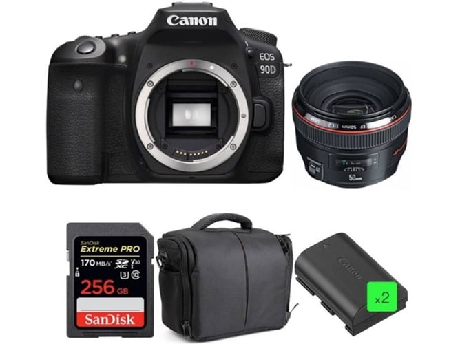 Kit Cámara Réflex CANON EOS 90D + EF 50mm f/1.2L USM + SanDisk 256GB + 2 LP-E6N + Bolsa