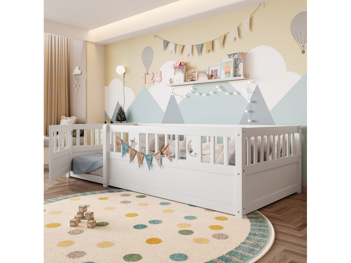 Cama De Madera De Pino De 90x190 Cm Con Diseño De Cuadrícula De Estrellas Y Luna Blanca