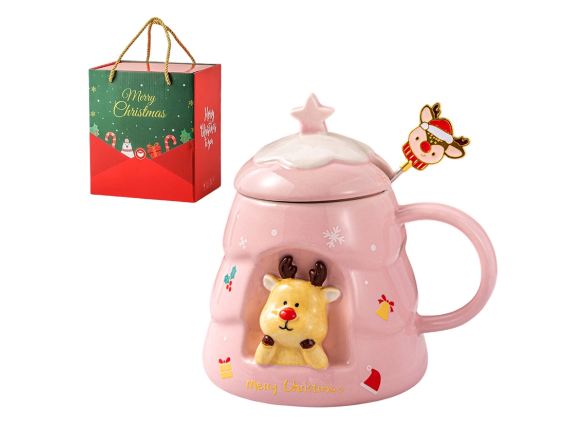 KOFIHETY Taza Creativa de Navidad de Alto Color Vaso de Cerámica con Tapa y Cuchara Regalo Práctico en Caja de Regalo
