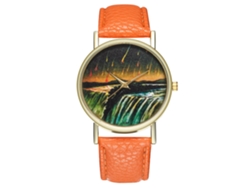 Reloj De Pulsera Unisex Con Correa De Piel Sintética Y Diseño De Esfera De Meteorito Naranja.