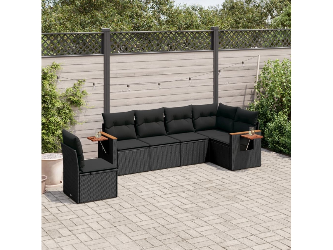 Conjunto de sofá de jardín de 6 piezas con cojines, mimbre sintético negro, DKD Home Decor
