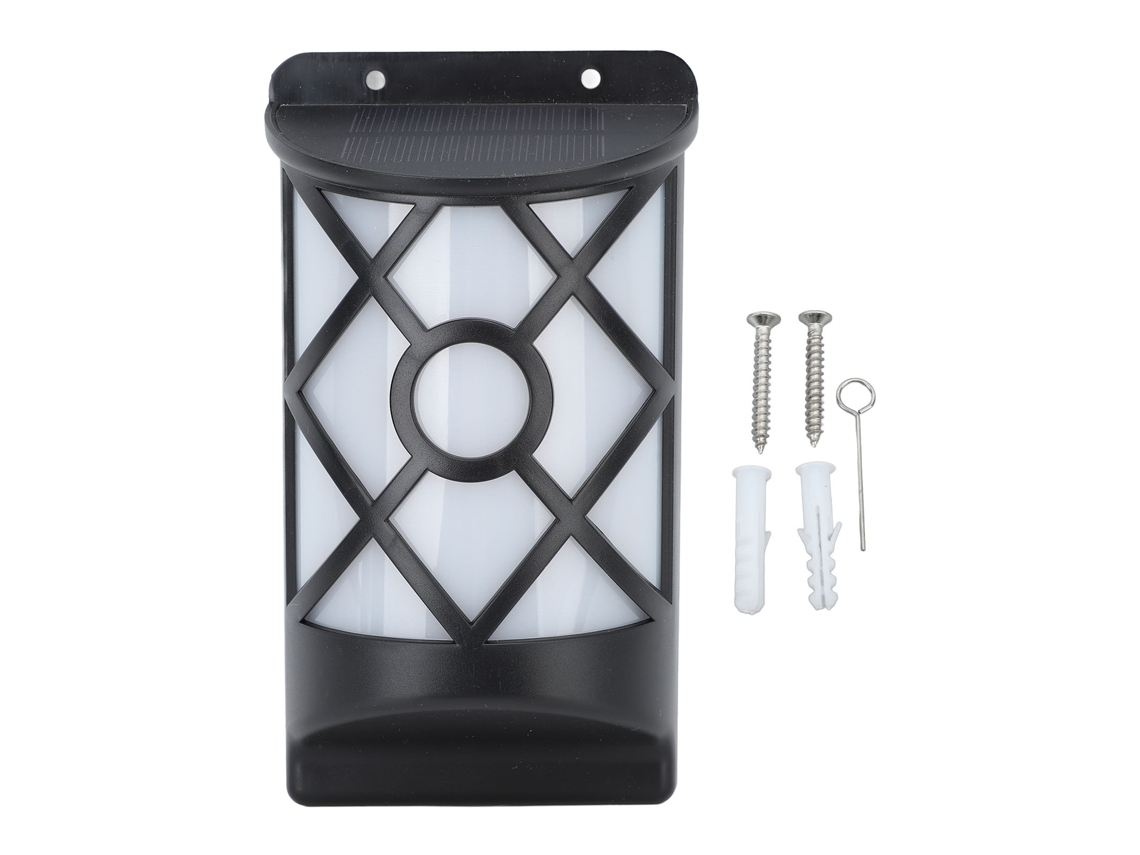 Lámpara solar de exterior 2026 con efecto de llama, sensor de movimiento LED, montaje en pared para uso exterior.