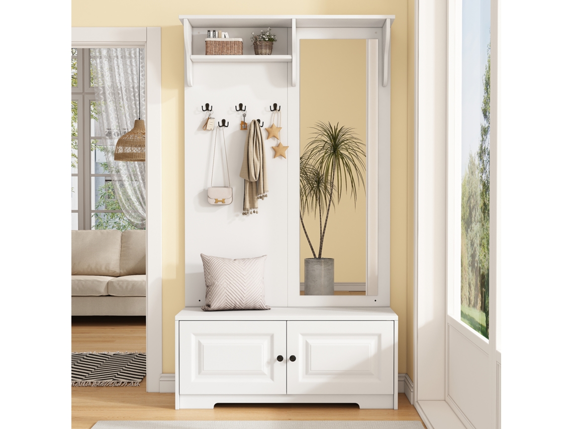 Mueble de entrada con espejo, 5 ganchos, 2 armarios, estante y zapatero, blanco, 100 x 40 x 180 cm, MOBRIO
