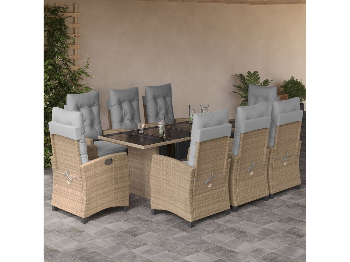 Juego de comedor de jardín de 9 piezas con cojines, mimbre beige mixto, DKD Home Decor