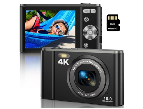 Cámara Digital Infantil Compacta Dc303 4K 48Mp con Enfoque Automático Zoom 16X 2 Pantalla 8G - Negro VIGA EUROPE