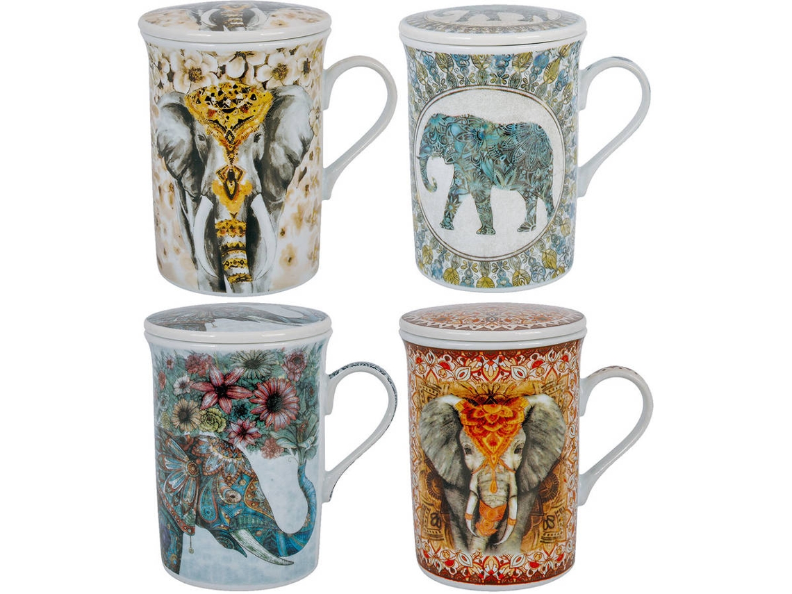 Signes Grimalt  - Mug - Taza con filtro 4 Unidades Multicolor de Porcelana | Mug Vaso Tetera De Hierro Tetera China 11x8x11cm
