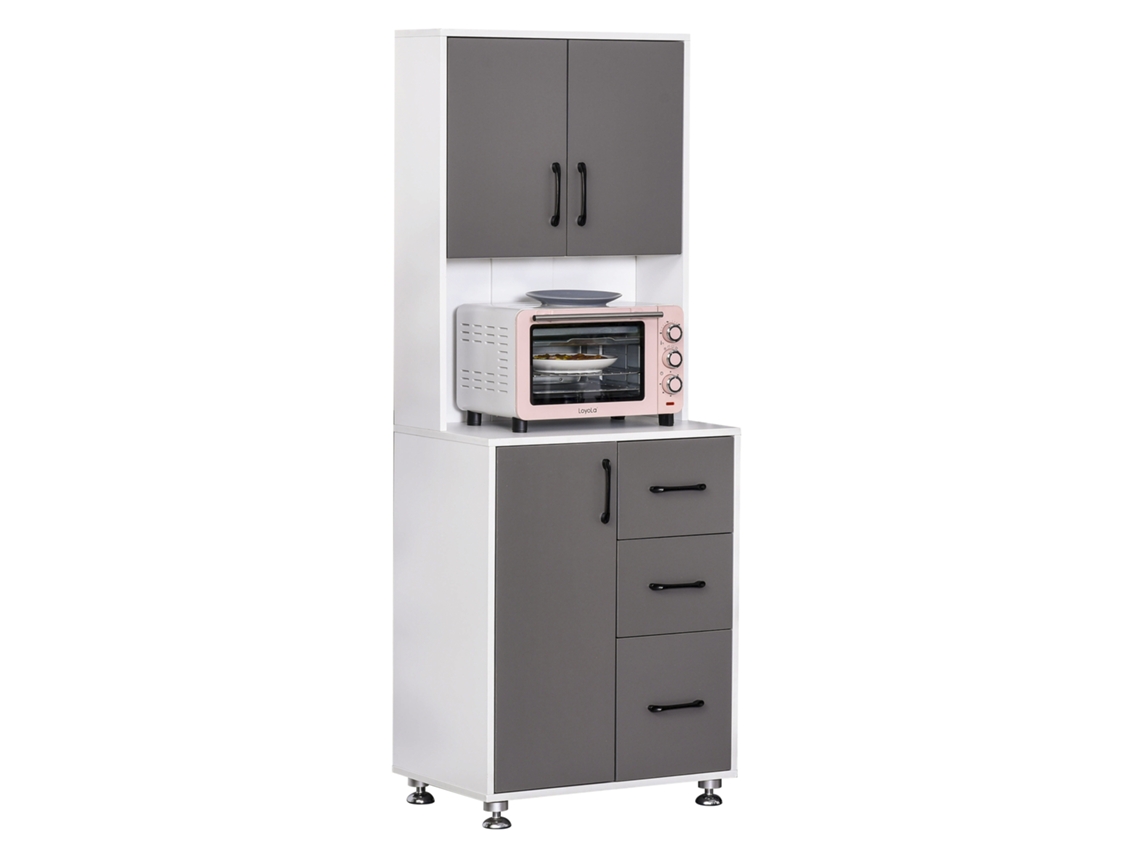 Armario De Cocina Multi Almacenaje 2+1 Puertas 3 Cajones Y Gran Tablero 60x40x160 Cm Bicolor Gris Blanco Moderno Hogar