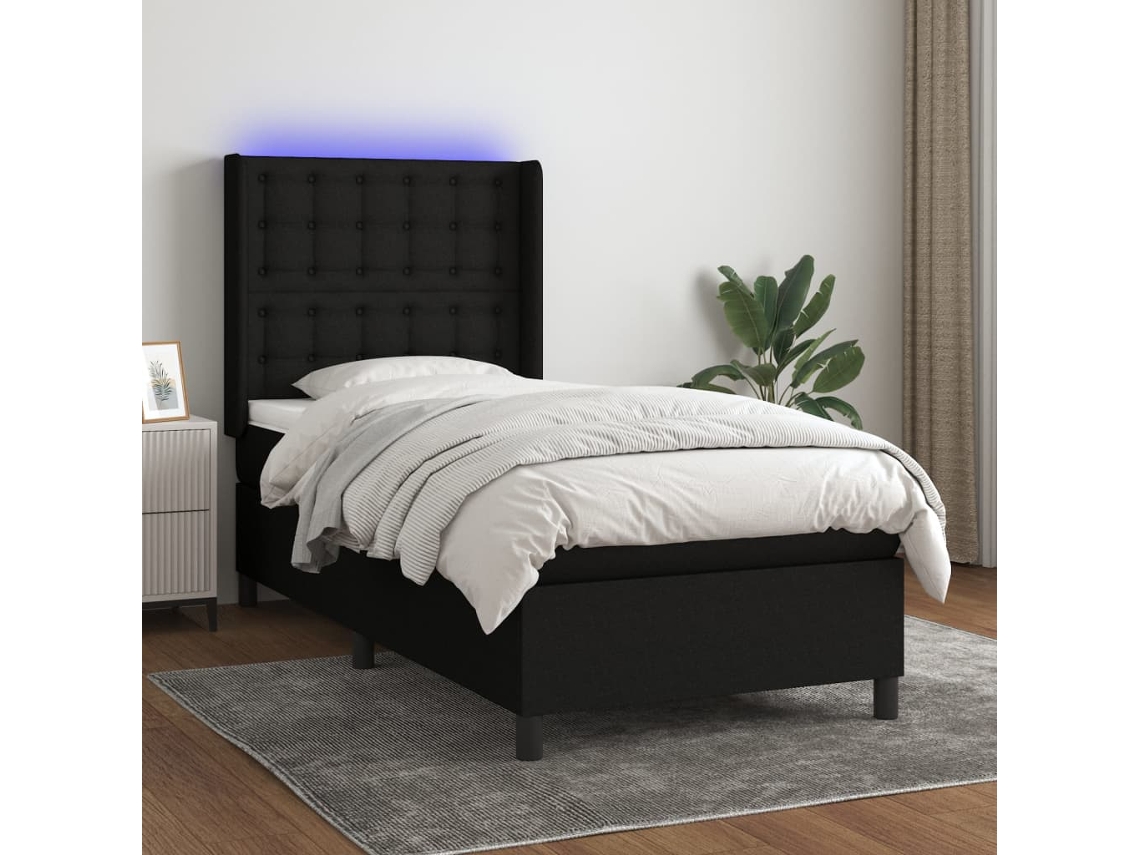 Cama Box Spring Colchón Y Luces Led Tela Negro 90x200 Cm