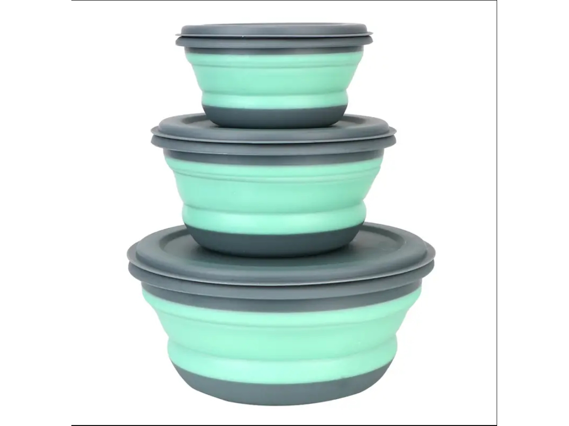 (verde) Juego De Lonchera De Silicona Plegable De Tres Piezas, Con Tapa, Taza Y Tazón Plegable.