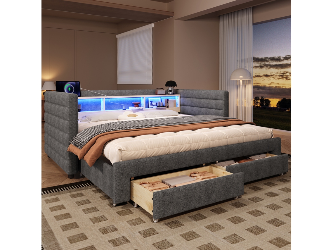 Sofá Cama Multifuncional 90x190 Cm, Cajones, Led, Usb Y Usb-c, Múltiples Compartimentos, Tapizado Terciopelo Gris, Sin Colchón.