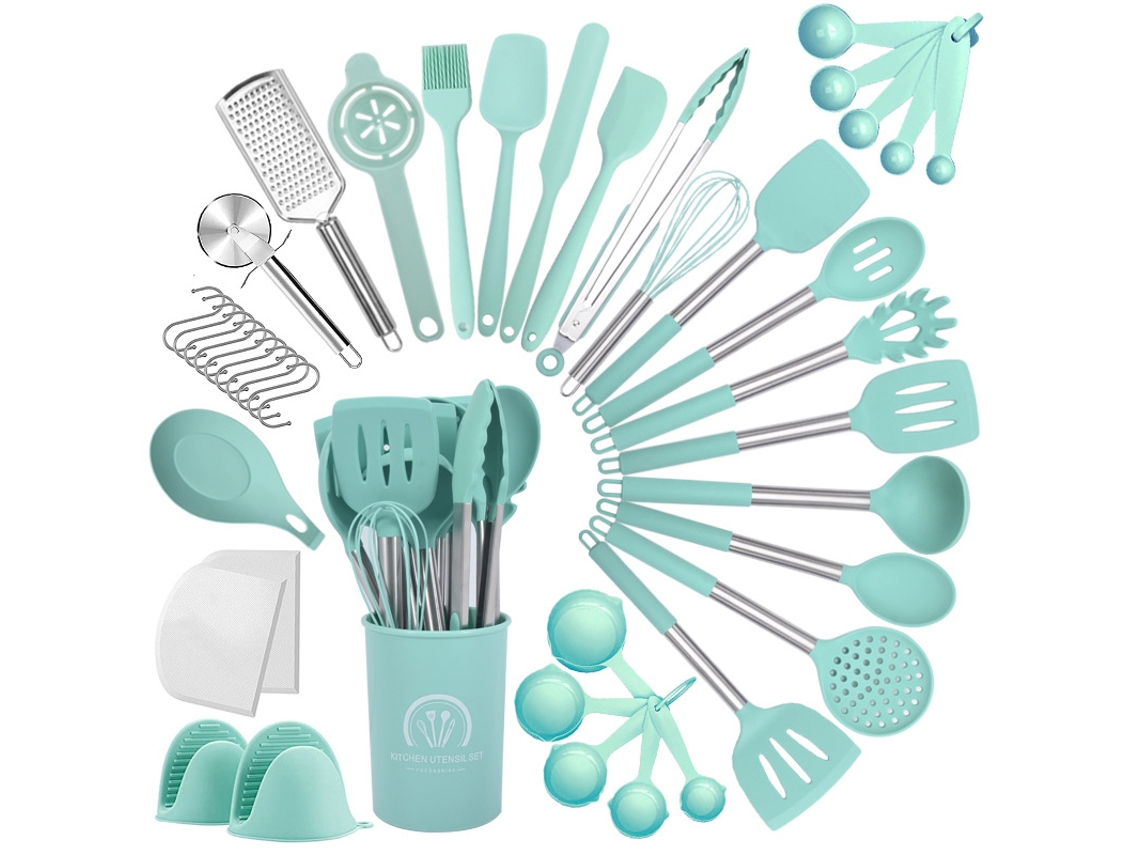 Utensilios de cocina de silicona de 43 piezas con mango de acero inoxidable, juego verde, chrui