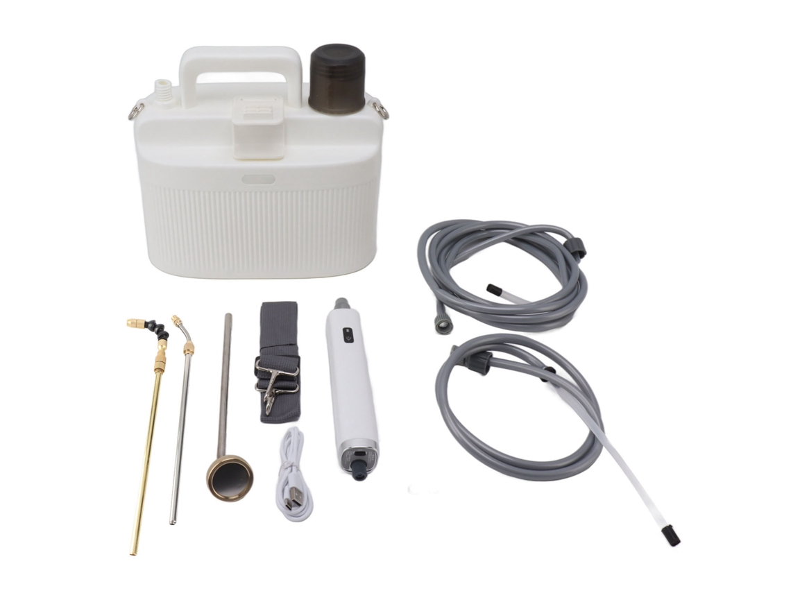 Pulverizador eléctrico de jardín de 5 litros y 2200 mAh con correa blanca.