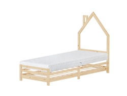 Cama Infantil ML DESIGN 90x200cm Colchón 16cm, en Madera Natural, en Forma de Casa