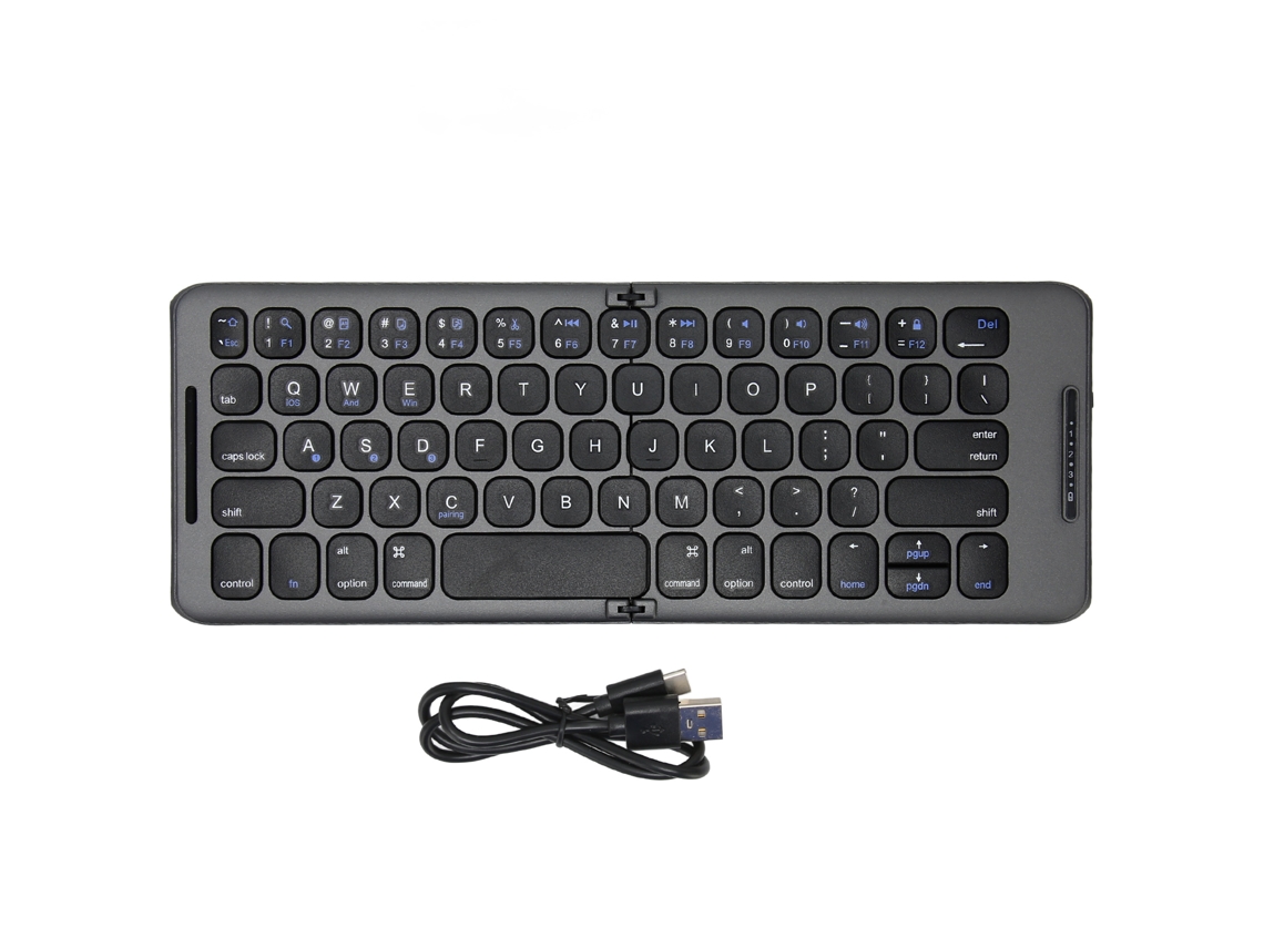 Teclado Bluetooth dobrável de 65 teclas com interface Type-C, compatível com vários dispositivos sem fio para PCs e tablets.