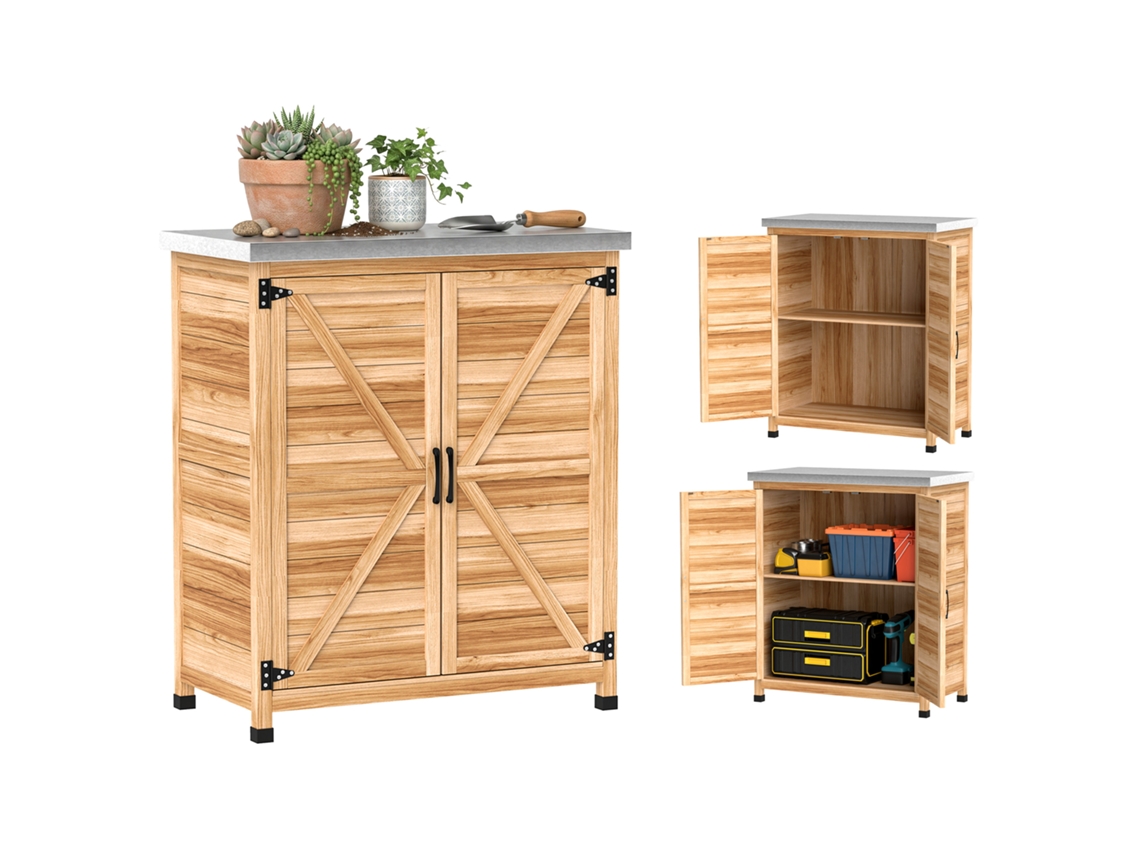 Caseta De Jardín De Madera, 79x43x92 Cm, Techo De Acero, 2 Puertas, Espacio Para Guardar Herramientas.