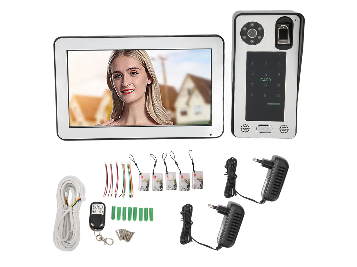 Timbres de intercomunicación Wifi de 10 pulgadas con huella dactilar, tarjeta IC, sistema de control de acceso con videoportero, desbloqueo por aplicación remota, enchufe de 100-240 V