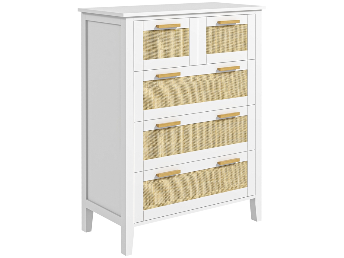 Cómoda blanca de 5 cajones con tiradores de madera y guías metálicas.